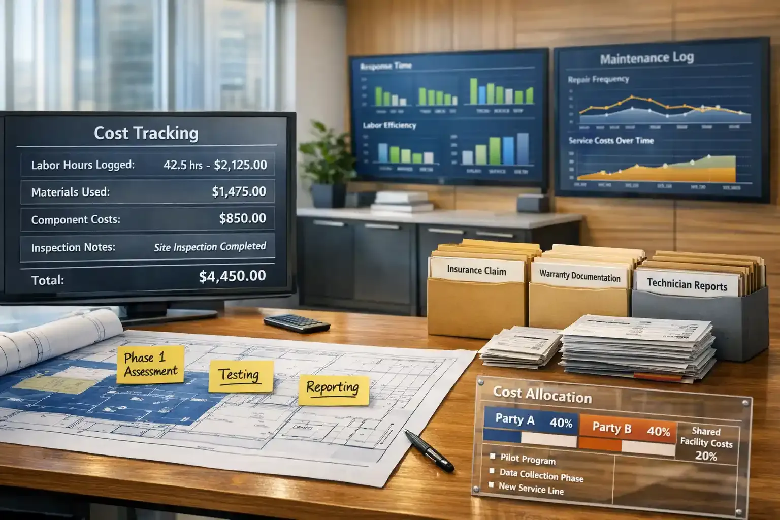Modern workspace showing T&M cost tracking and project planning dashboard